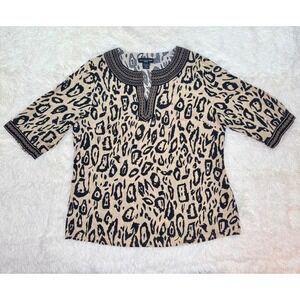 Saint Tropez West Linen Blend Leopard Print Tunic Top Embroidered‎ Neckline 1X